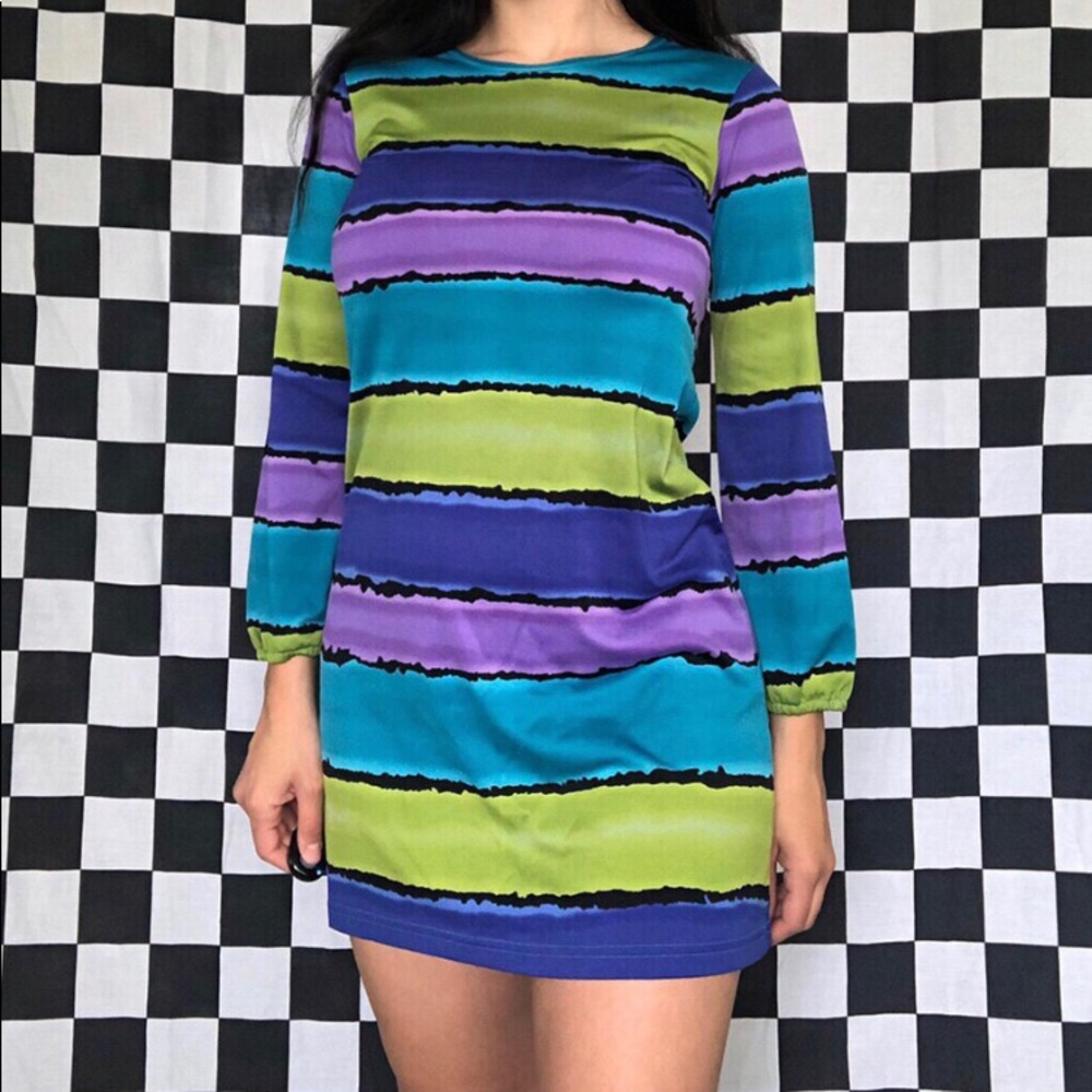 Vintage 90s Green, Blue, & Purple Striped Color Block 60s Mod Style Mini Dress